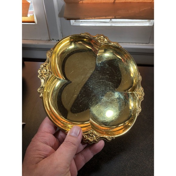 Vintage International Silver 24K G.E. 4-Leaf Clover Spoon/ Nut Candy Bonbon Dish - Picture 6 of 9